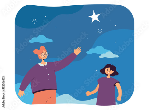 Teacher or mother showing stars in night sky to little girl. Woman and student or daughter looking at stars flat vector illustration. Astronomy, education concept for banner or landing web page