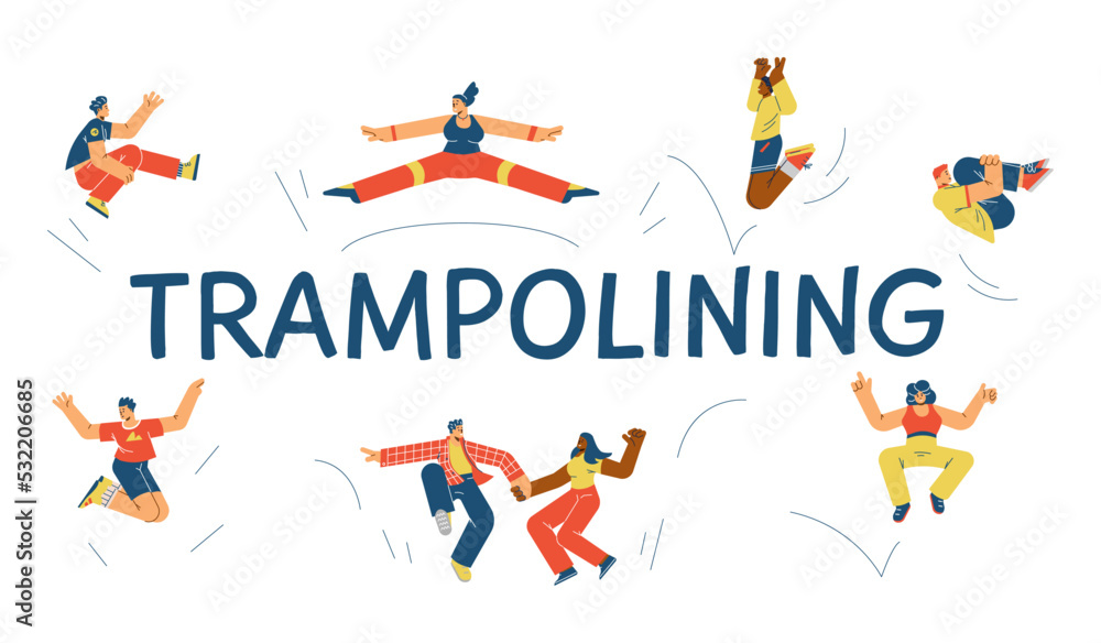 Trampolining sport and fitness activity banner header flat vector illustration.