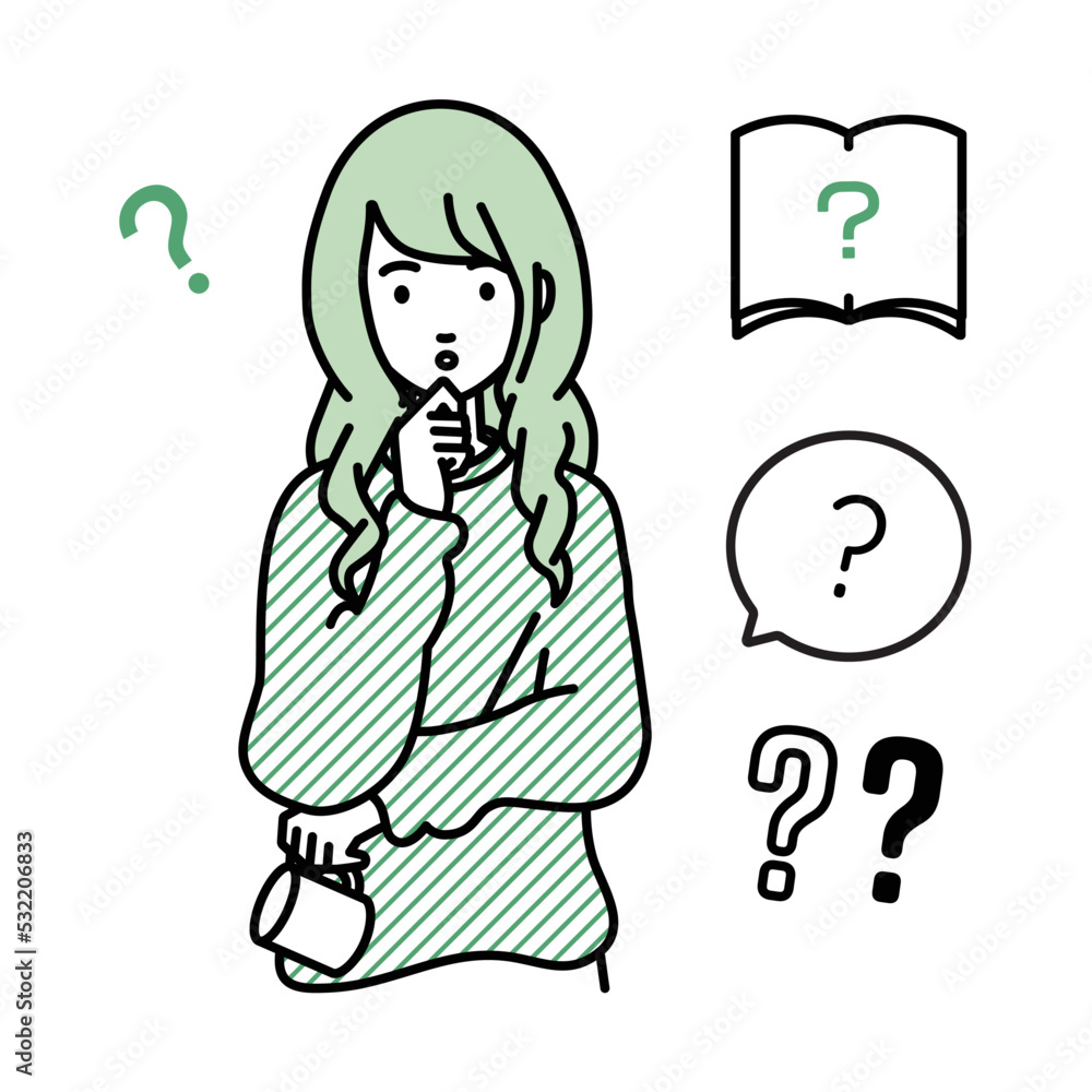 立って手をあごにあてて疑問を感じているリモートワークの女性 クエスチョンマークのセット 立って手をあごにあてて疑問を感じているリモートワークの女性 クエスチョンマークのセット