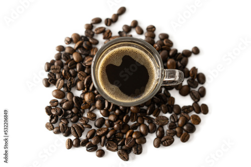 A shot glass cup of Espresso coffee with handle and coffee bean isolated on white background