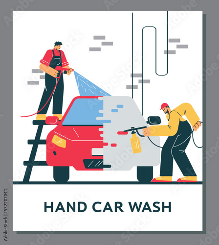 Poster about hand car wash service flat style, vector illustration