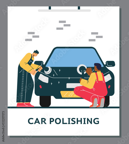 Car polishing and washing service employees, flat vector illustration isolated.