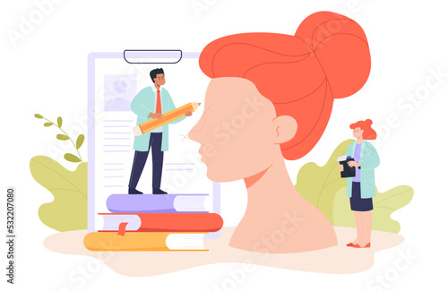 Tiny plastic surgeon next to huge head of woman. Nose correction or rhinoplasty procedure flat vector illustration. Plastic surgery, beauty concept for banner, website design or landing web page