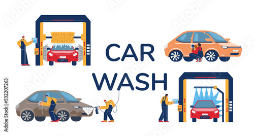 Car wash service scenes collection with workers, vector illustration isolated.