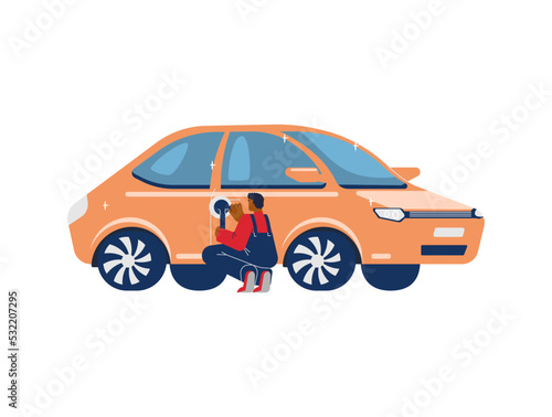 Car polisher character polishing doorknobs, flat vector illustration isolated.
