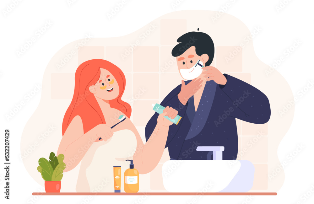 Happy man shaving and woman brushing teeth in bathroom. Cartoon wife and woman doing morning or evening routine flat vector illustration. Family, hygiene, beauty concept for banner or landing web page Happy man shaving and woman brushing teeth in bathroom. Cartoon wife and woman doing morning or evening routine flat vector illustration. Family, hygiene, beauty concept for banner or landing web page
