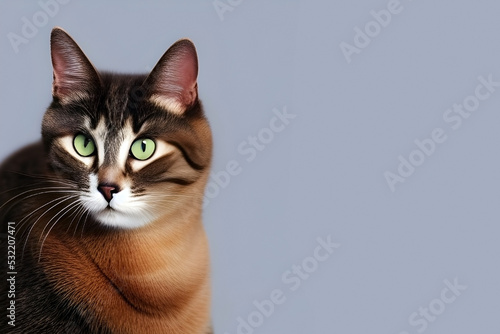 Illustration of a beautiful cat with captivating gaze, isolated on gray background.