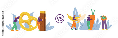 Healthy and unhealthy junk food and snacks flat vector illustration isolated.