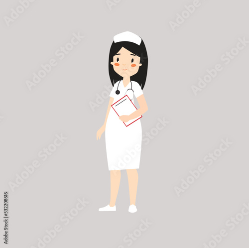Nurse. Clinic worker. Doctor in overalls. Woman doctor is standing. Pediatrician. Doctor's assistant