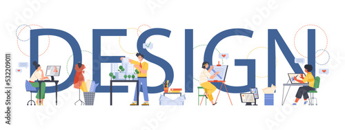 Design header and characters of professional designers, flat vector illustration.