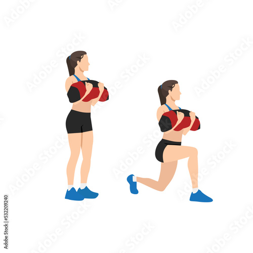 Woman doing powerbag or sandbag walking lunges flat vector illustration isolated on white background