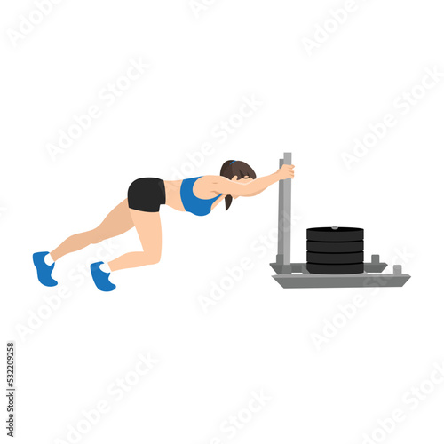 Woman doing sled pushed exercise. Flat vector illustration isolated on white background