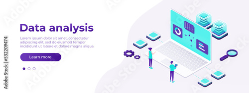 Data analysis services landing page. Isometric IT team working on different analytics services. Digital Data Analysis Concept. Isometric Vector Illustration EPS 10