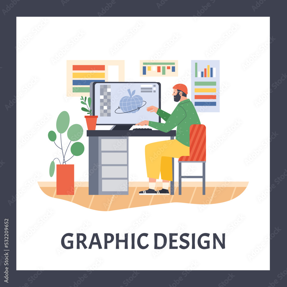 Fototapeta premium Graphic designer sitting at desk and working on 3D model, poster template with text, flat vector illustration.