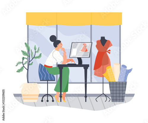 Fashion designer working on new dress, flat vector illustration isolated on white background.