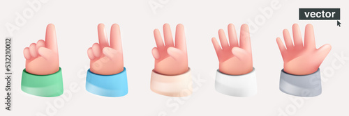 Set of counting one, two, three, four, and five hand sign. Realistic 3D render design in cartoon style.