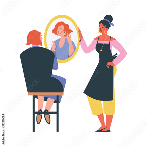 Makeup artist shows her client a result of maquillage flat vector illustration.