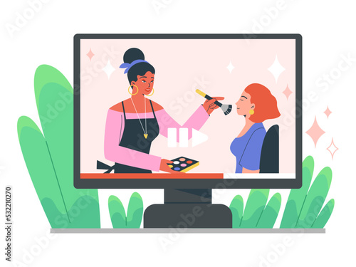 Computer monitor with video about makeup artist flat style