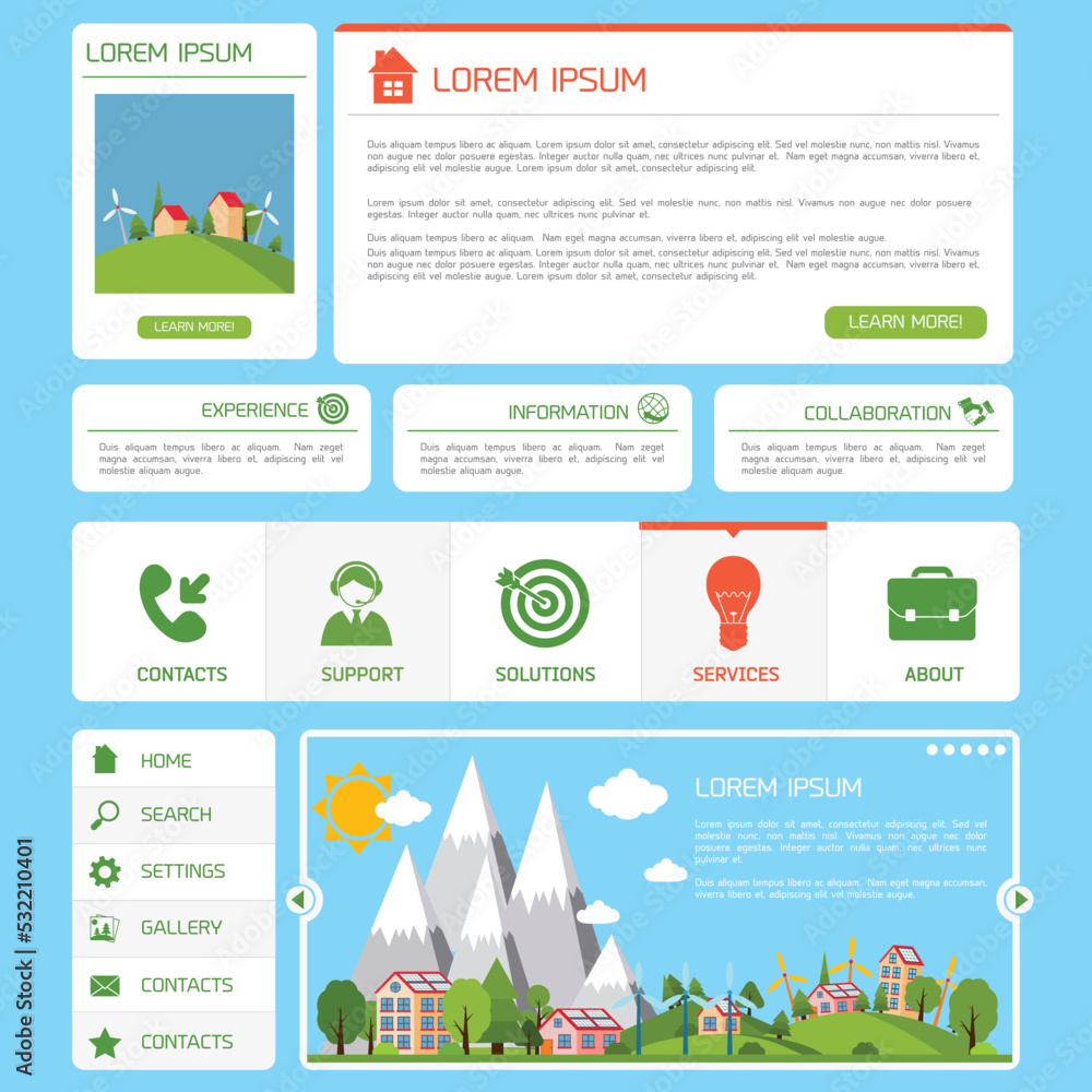 Eco green energy nature web site design template with navigation buttons vector illustration