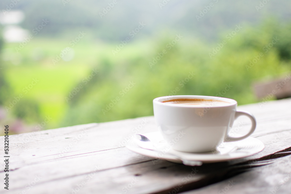 Coffee Cup on Table Against Landscape Scenery Mountain Hill Background Coffee Cup on Table Against Landscape Scenery Mountain Hill Background