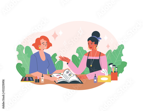 Visagiste discussing make up with client, flat vector illustration isolated on white background.