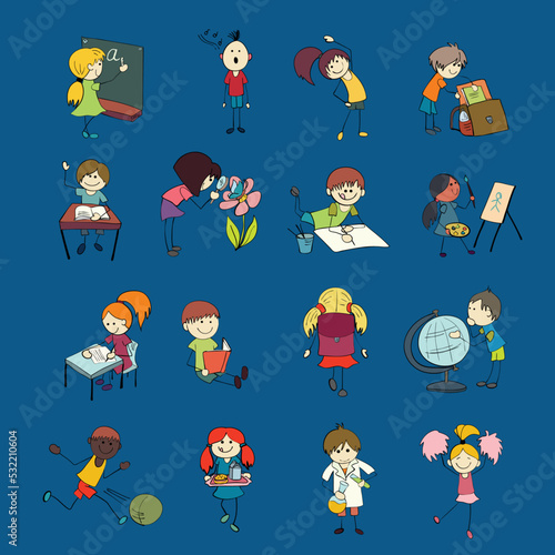 Decorative reading learning singing and playing football school children with backpack doodle sketch vector illustration
