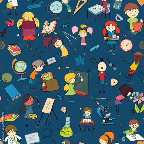 Kids drawing and writing formulas on chalkboard with school accessories background seamless doodle sketch pattern vector illustration