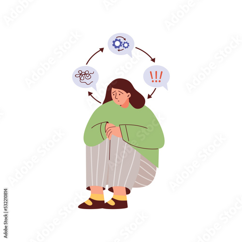 Woman experiences anxiety as a result of OCD syndrome, flat vector isolated.