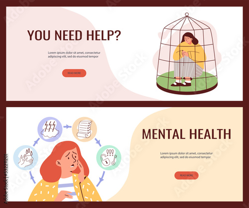 Mental health care and psychological support banners flat vector illustration.