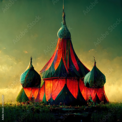 3D rendering of a Scary circus tent inside the carnival with a broken tent and dark vibes