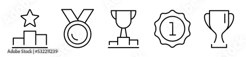 Winning icon set. Winers icon collection. Set of Winner medal. Trophy cup, Medal, Winner prize icon. Champion win trophy and medal with 1st sign. Vector illustration.