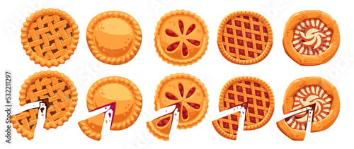 Different pies and slices cartoon illustration set. Top view of delicious homemade pies with fruit, apple, pumpkin and chocolate fillings. Bakery, pastry, food, restaurant, menu concept