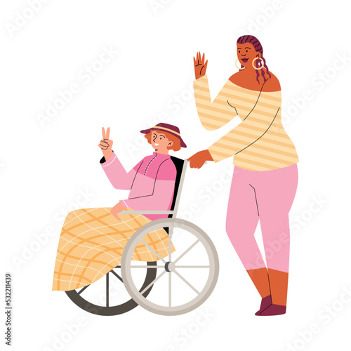 Disabled person in wheelchair with helping assistant or friend, flat vector illustration isolated on white background.