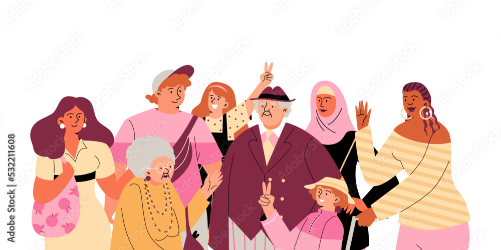Diverse age, gender and ethnic people, flat vector illustration isolated.
