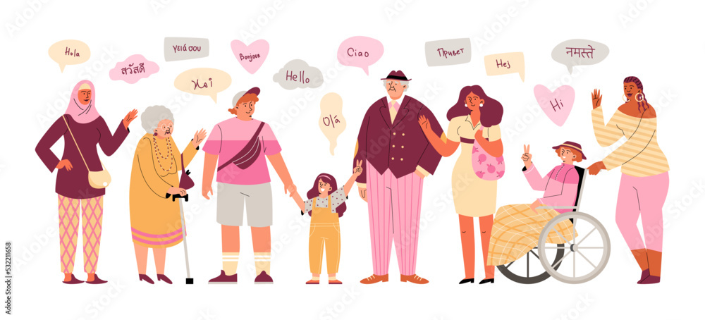 Diverse age, gender and ethnic multilingual group, vector illustration isolated.
