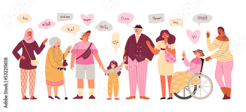 Diverse age, gender and ethnic multilingual group, vector illustration isolated.