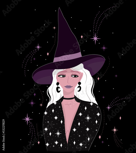 Witch girl character illustration. Halloween vector background.