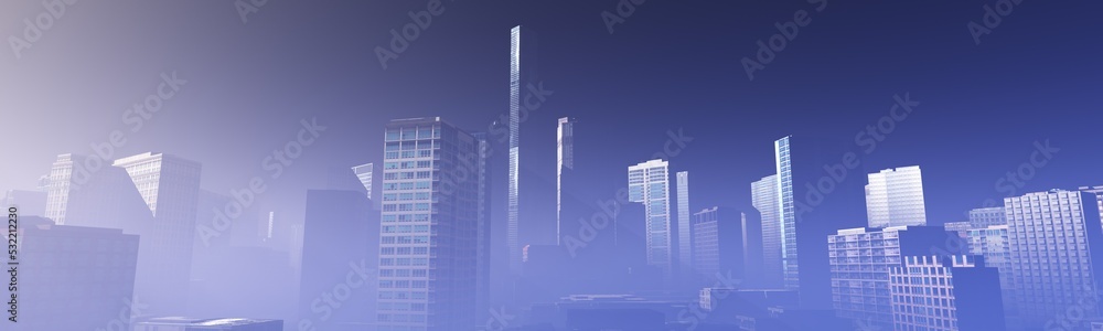 City at sunrise in the rays of the sun, skyscrapers in the morning in the rays of light, 3d rendering City at sunrise in the rays of the sun, skyscrapers in the morning in the rays of light, 3d rendering