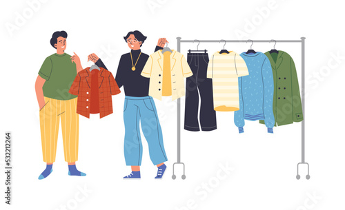 Stylist offering new outfit to client, flat vector illustration isolated.
