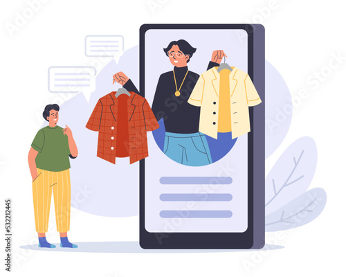 Professional fashion stylist helps man to choose clothes via mobile phone, flat vector illustration isolated on white.