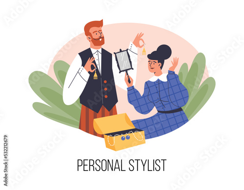 Stylist picks up jewelry for client to outfit, flat vector illustration isolated.