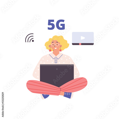 Smiling curly woman working with laptop using 5G technology flat style