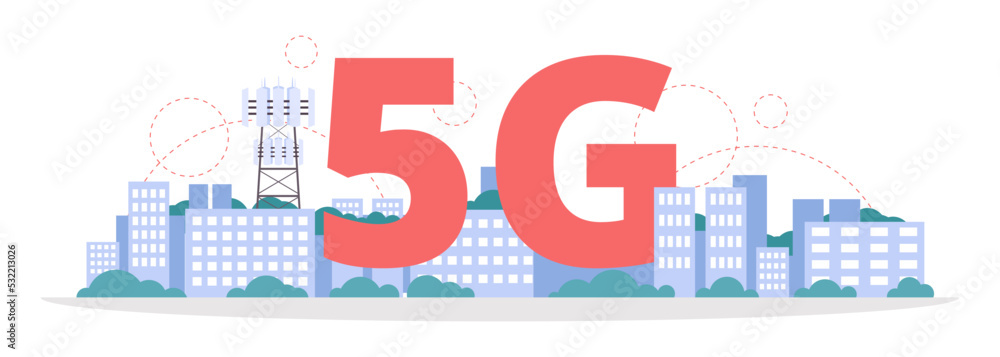 5G typographic header with cityscape and infographic wireless connections, flat vector illustration on white background. 5G typographic header with cityscape and infographic wireless connections, flat vector illustration on white background.