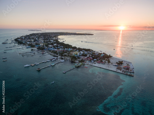 Caye Caulker Island in Caribbean Sea. Belize. Caribbean sea in background. Sunset Light