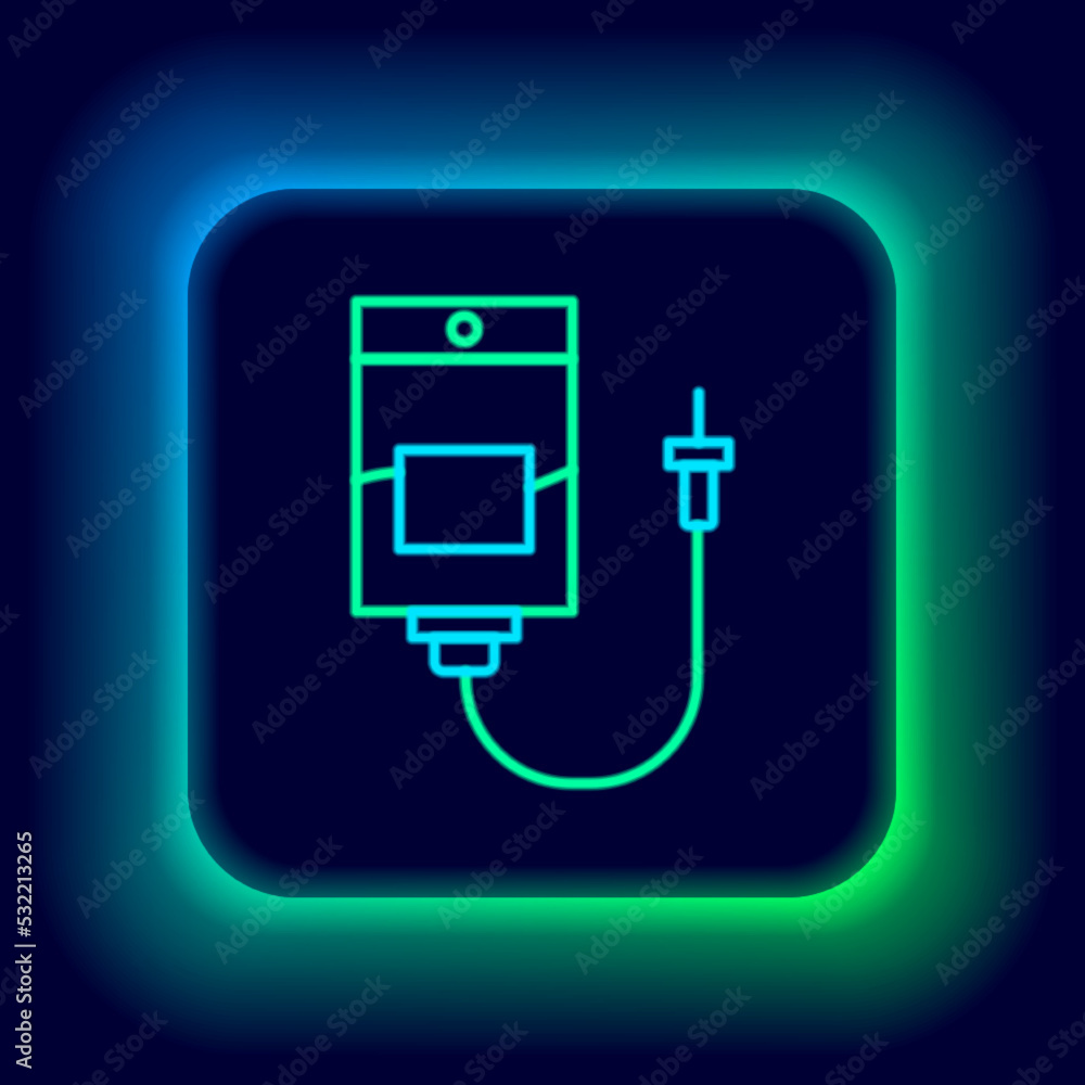 Glowing neon line IV bag icon isolated on black background. Blood bag. Donate blood concept. The concept of treatment and therapy, chemotherapy. Colorful outline concept. Vector Glowing neon line IV bag icon isolated on black background. Blood bag. Donate blood concept. The concept of treatment and therapy, chemotherapy. Colorful outline concept. Vector