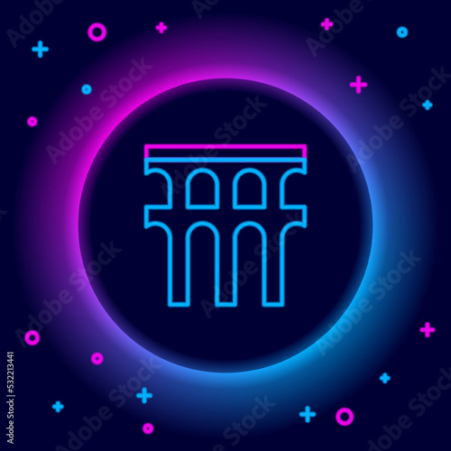 Glowing neon line Aqueduct of Segovia, Spain icon isolated on black background. Roman Aqueduct building. National symbol of Spain. Colorful outline concept. Vector