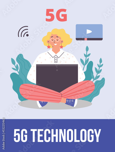 Woman watching videos on laptop using high speed 5G connection, poster template flat vector illustration.