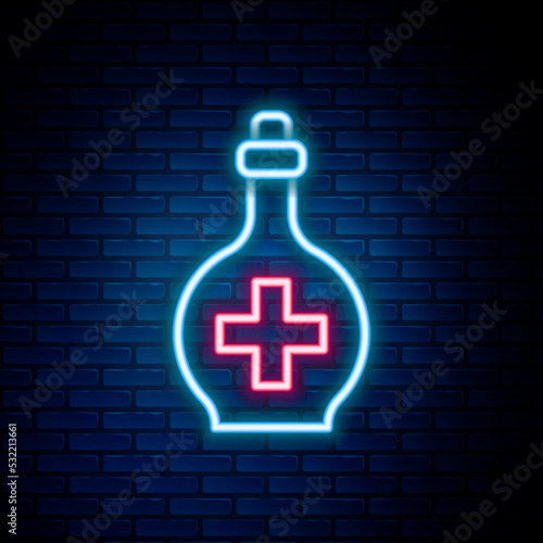 Glowing neon line Bottle with potion icon isolated on brick wall background. Flask with magic potion. Happy Halloween party. Colorful outline concept. Vector