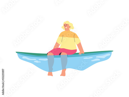Surfer resting on a surfboard in the sea  flat vector illustration isolated.