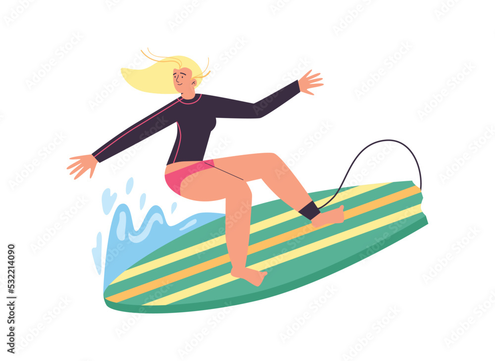 Happy woman in swimsuit surfing in the sea or ocean, flat vector illustration isolated on white background.